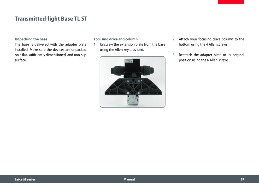 Leica M205 C, M205 A, M165 C manual Transmitted-light Base TL ST, Unpacking the base Focusing drive and column 