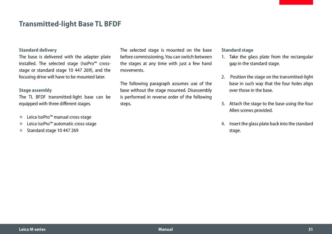 Leica M165 C, M205 A, M205 C manual Transmitted-light Base TL Bfdf, Standard delivery, Stage assembly, Standard stage 