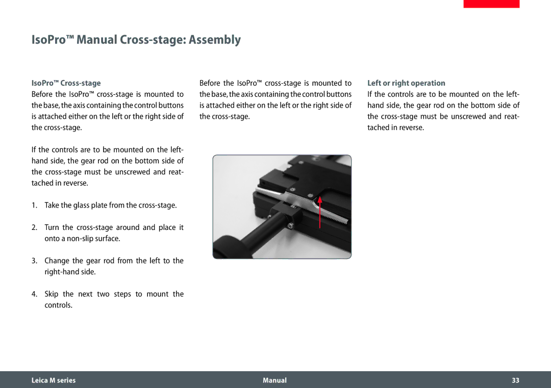 Leica M205 A, M165 C, M205 C manual IsoPro Manual Cross-stage Assembly, IsoPro Cross-stage, Left or right operation 