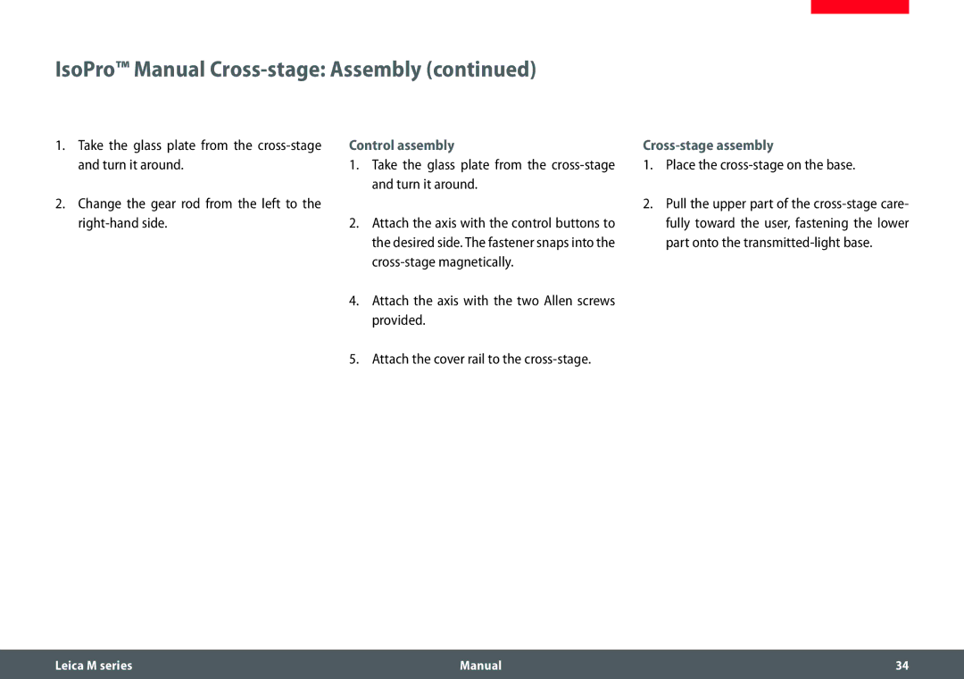 Leica M165 C, M205 A, M205 C manual Control assembly, Cross-stage assembly, Place the cross-stage on the base 