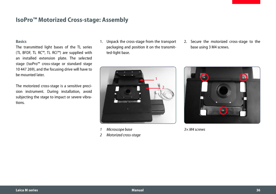 Leica M205 A, M165 C, M205 C manual IsoPro Motorized Cross-stage Assembly, Basics 