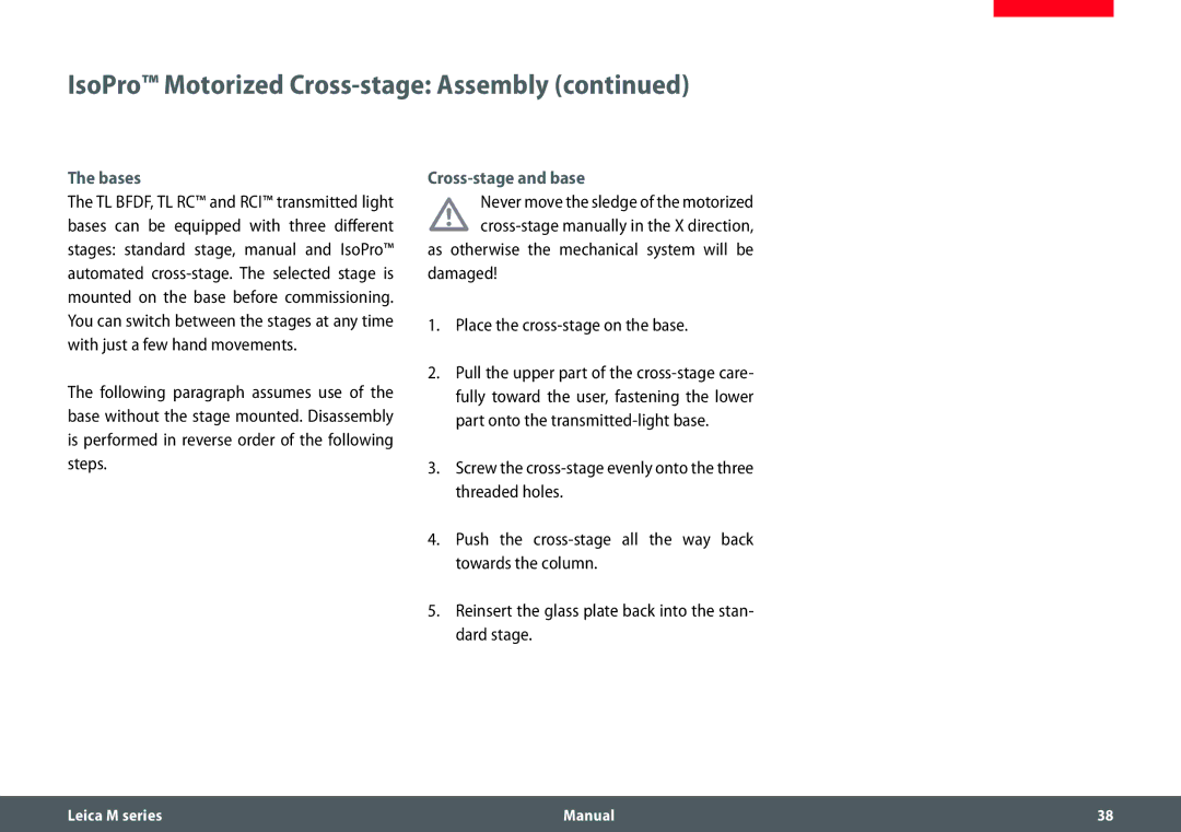 Leica M205 C, M205 A, M165 C manual Bases, Cross-stage and base, Damaged Place the cross-stage on the base 