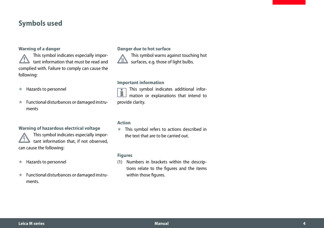 Leica M165 C, M205 A, M205 C manual Symbols used, Important information, Provide clarity, Action 