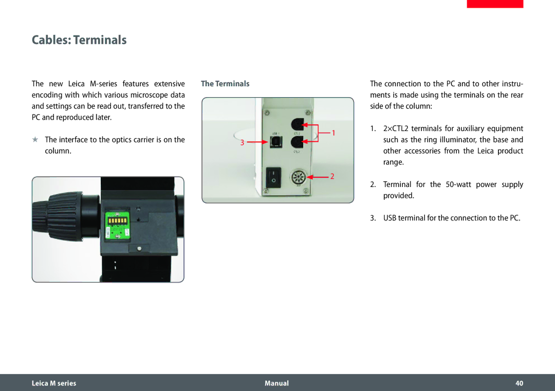 Leica M165 C, M205 A, M205 C manual Cables Terminals, Interface to the optics carrier is on the column 