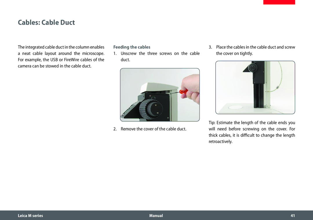 Leica M205 C, M205 A, M165 C manual Cables Cable Duct, Feeding the cables 