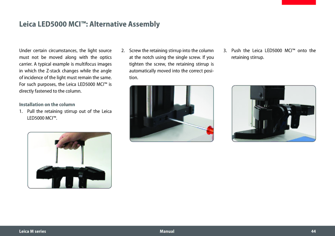 Leica M205 C, M205 A, M165 C manual Leica LED5000 MCI Alternative Assembly, Installation on the column 