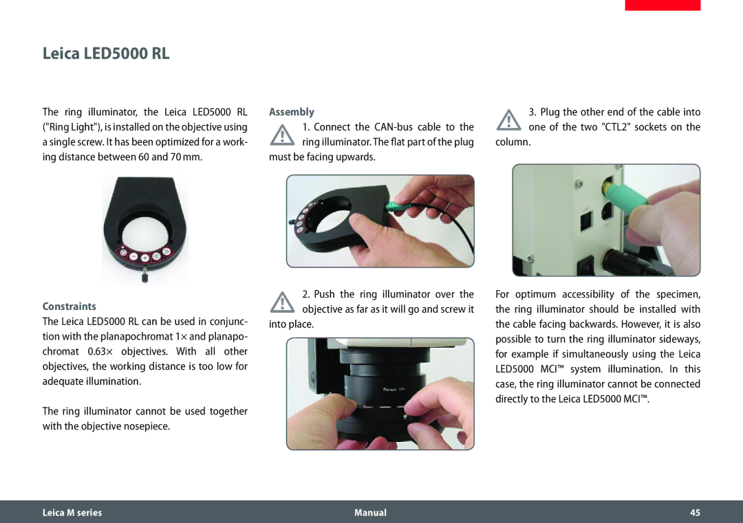 Leica M205 A, M165 C, M205 C manual Leica LED5000 RL, Must be facing upwards, Into place, Column 