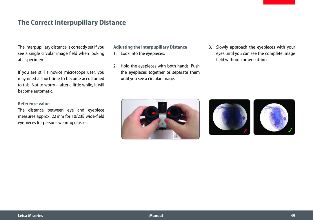 Leica M165 C, M205 A, M205 C manual Correct Interpupillary Distance, Reference value, Adjusting the Interpupillary Distance 