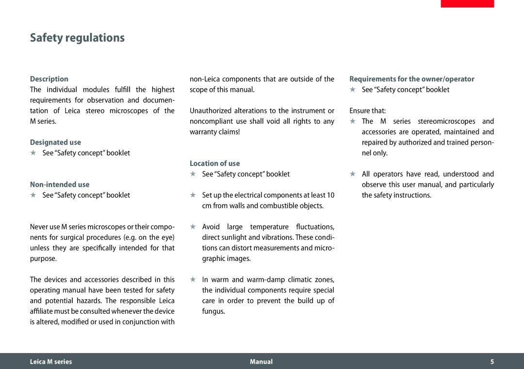 Leica M205 C, M205 A, M165 C manual Safety regulations, Description, Designated use, Non-intended use, Location of use 