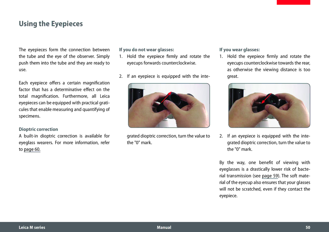 Leica M205 C, M205 A, M165 C manual Using the Eyepieces, Dioptric correction, If you do not wear glasses, If you wear glasses 