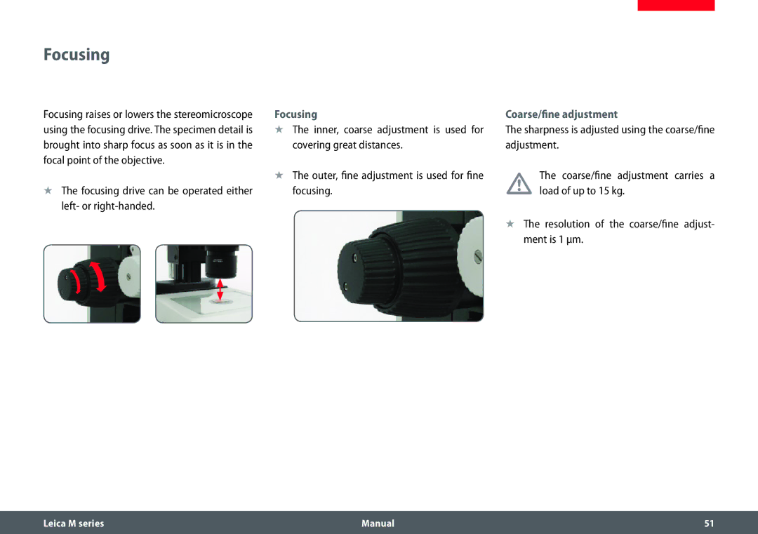 Leica M205 A, M165 C, M205 C manual Focusing drive can be operated either left- or right-handed, Coarse/fine adjustment 