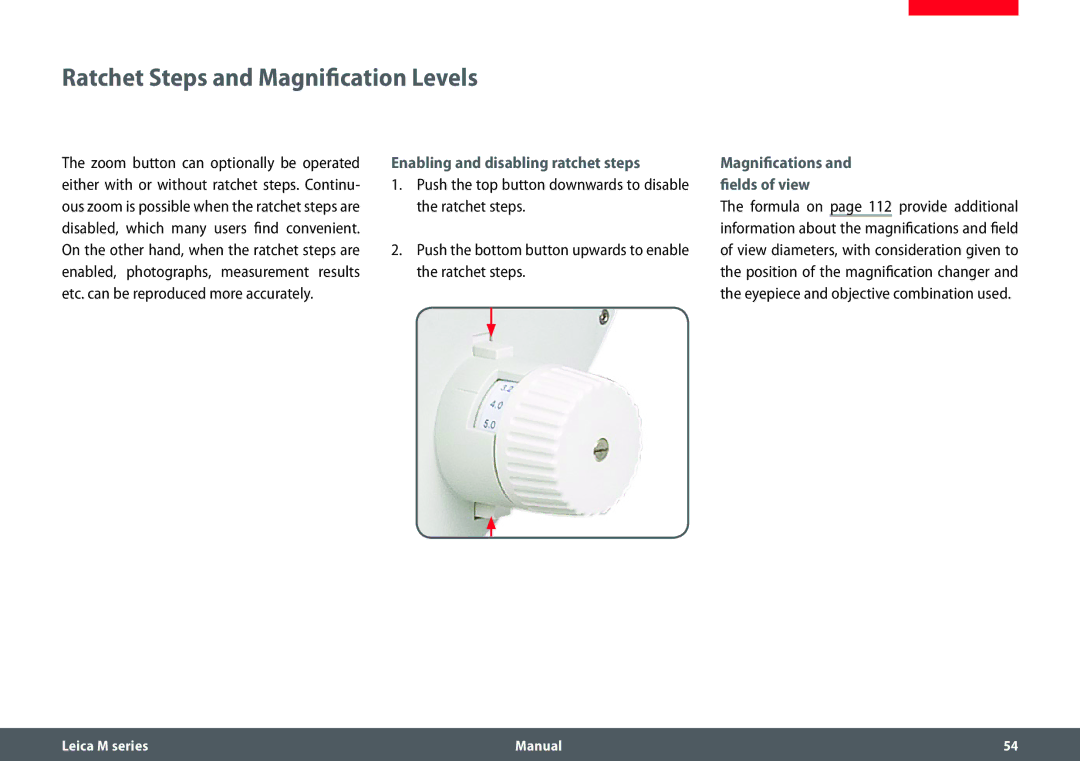 Leica M205 A, M165 C, M205 C manual Ratchet Steps and Magnification Levels, Enabling and disabling ratchet steps 