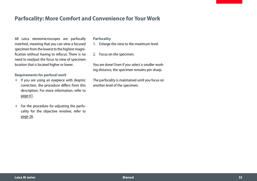Leica M165 C, M205 A, M205 C manual Parfocality More Comfort and Convenience for Your Work, Requirements for parfocal work 