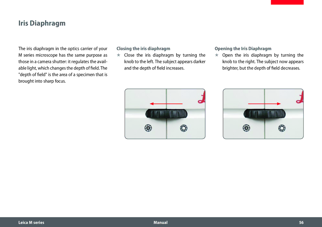 Leica M205 C, M205 A, M165 C manual Closing the iris diaphragm, Opening the Iris Diaphragm 