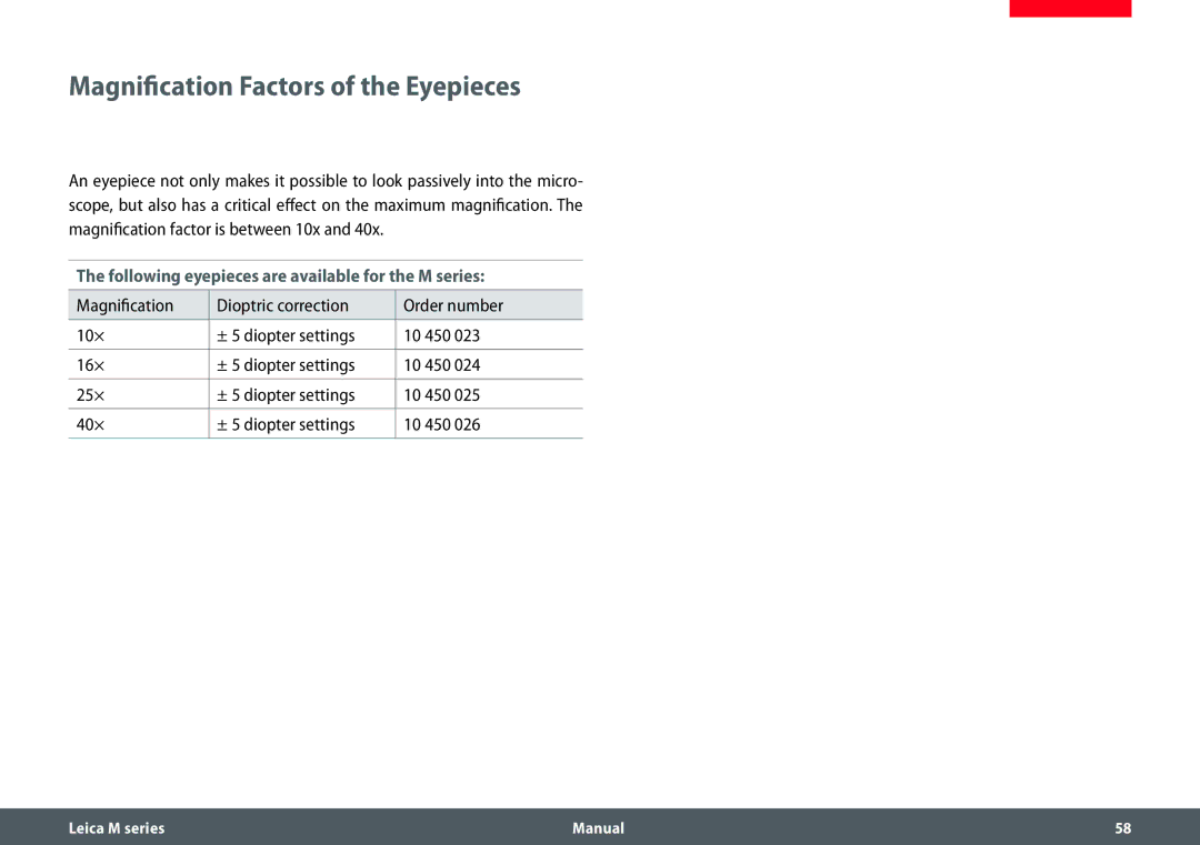 Leica M165 C, M205 A, M205 C Magnification Factors of the Eyepieces, Following eyepieces are available for the M series 