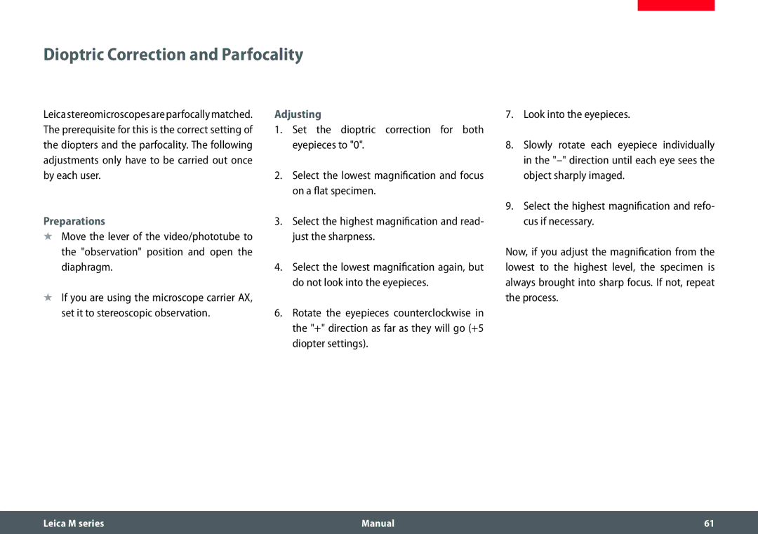 Leica M165 C, M205 A, M205 C manual Dioptric Correction and Parfocality, Adjusting 