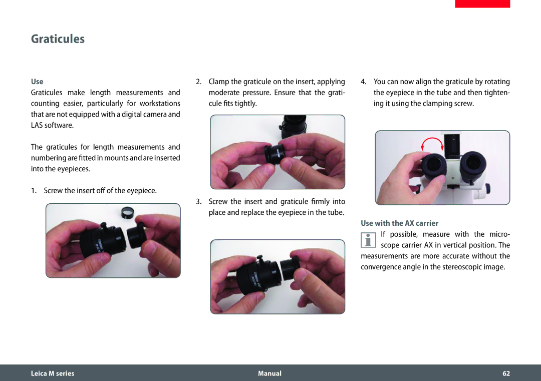 Leica M205 C, M205 A, M165 C manual Graticules, Use with the AX carrier, Convergence angle in the stereoscopic image 