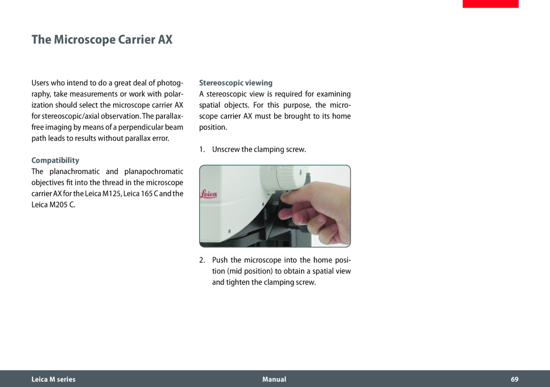 Leica M205 A, M165 C, M205 C manual Microscope Carrier AX, Compatibility, Stereoscopic viewing 