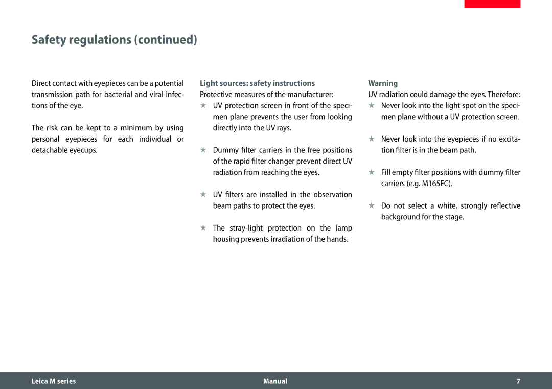 Leica M165 C, M205 A, M205 C manual Light sources safety instructions 