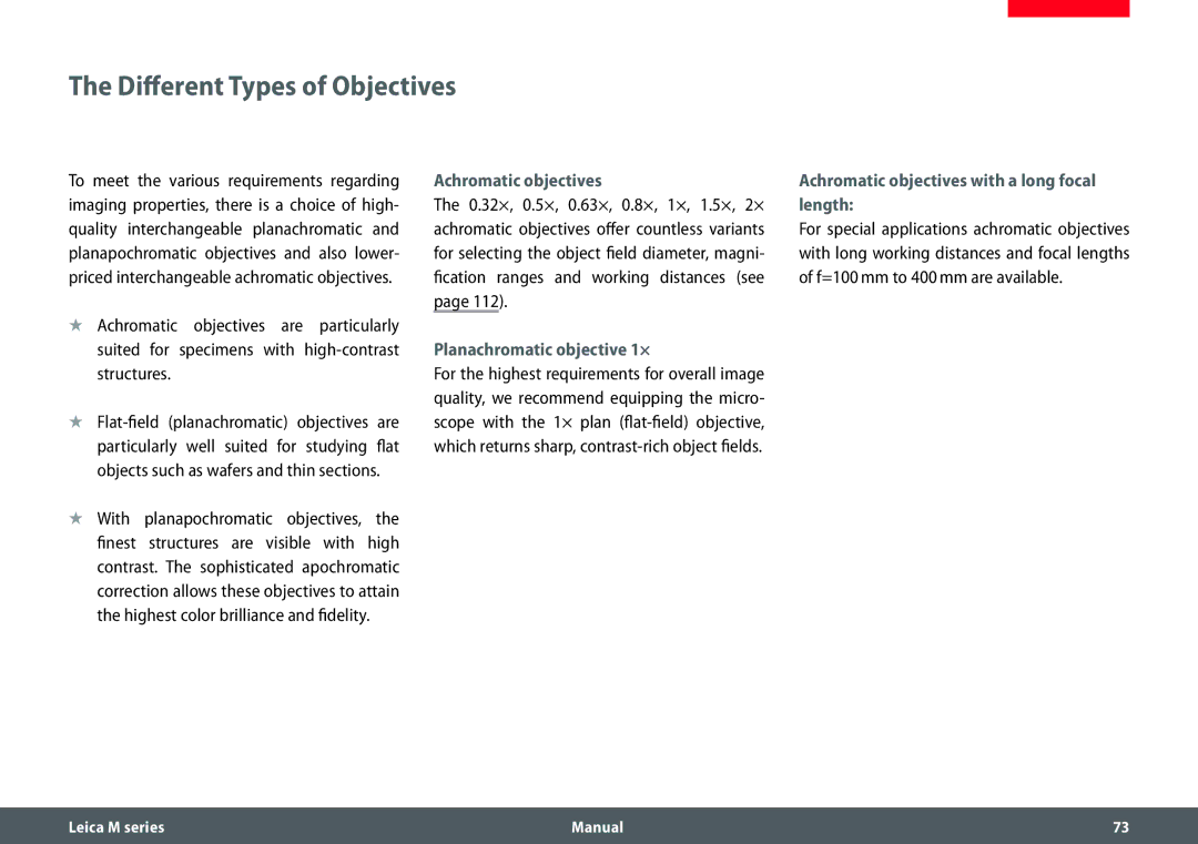 Leica M165 C, M205 A, M205 C manual Different Types of Objectives, Achromatic objectives, Planachromatic objective 1× 