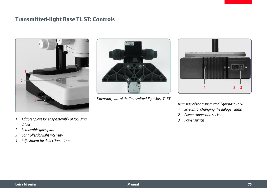 Leica M205 A, M165 C, M205 C manual Transmitted-light Base TL ST Controls 