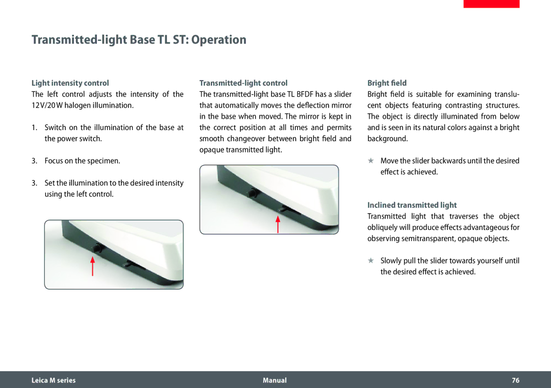 Leica M165 C Transmitted-light Base TL ST Operation, Light intensity control, Transmitted-light control, Bright field 