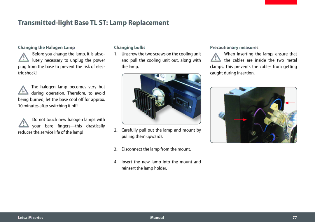 Leica M205 C, M205 A manual Transmitted-light Base TL ST Lamp Replacement, Changing the Halogen Lamp, Precautionary measures 