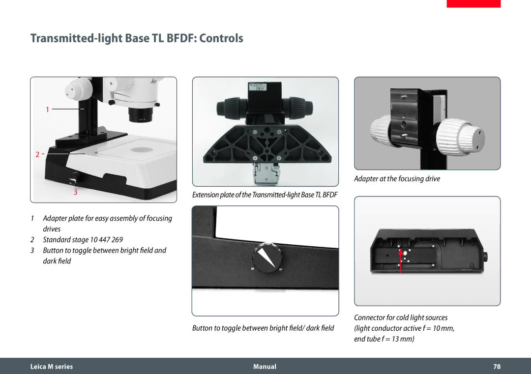 Leica M205 A, M165 C, M205 C manual Transmitted-light Base TL Bfdf Controls, Adapter at the focusing drive 