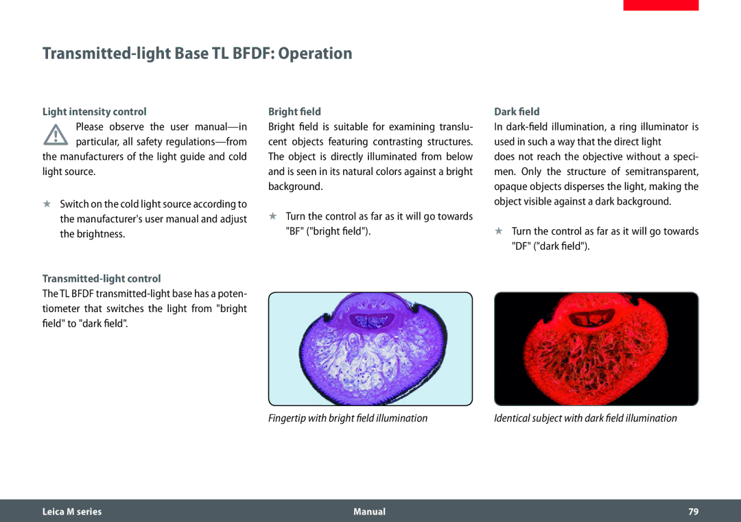 Leica M165 C, M205 A, M205 C manual Transmitted-light Base TL Bfdf Operation, Light source, Dark field 