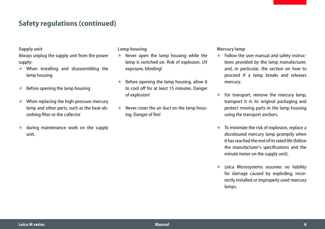 Leica M205 C, M205 A, M165 C manual Supply unit, During maintenance work on the supply unit, Lamp housing, Mercury lamp 