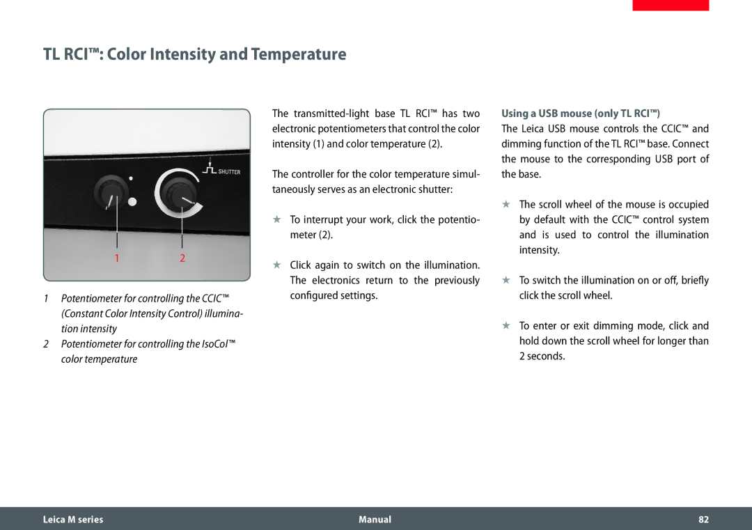 Leica M165 C, M205 A, M205 C manual TL RCI Color Intensity and Temperature, Using a USB mouse only TL RCI 