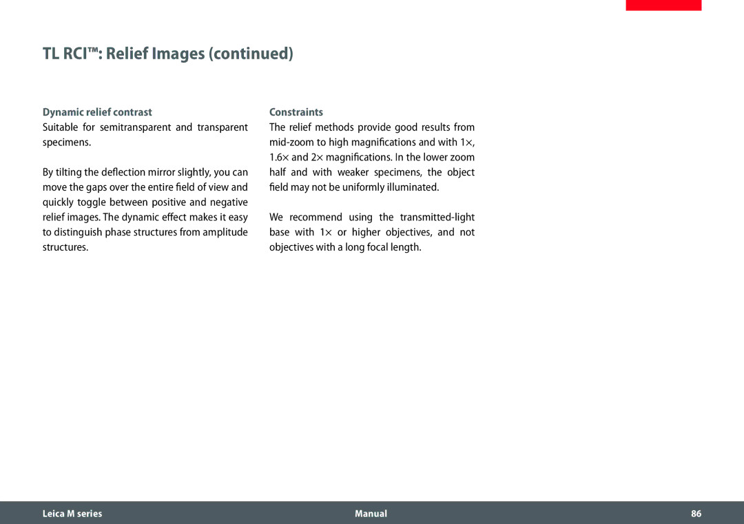 Leica M205 C, M205 A, M165 C manual Dynamic relief contrast, Suitable for semitransparent and transparent specimens 