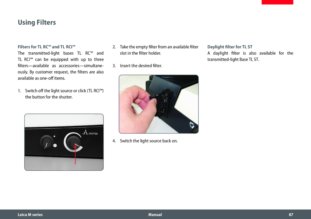 Leica M205 A, M165 C, M205 C manual Using Filters, Filters for TL RC and TL RCI, Daylight filter for TL ST 