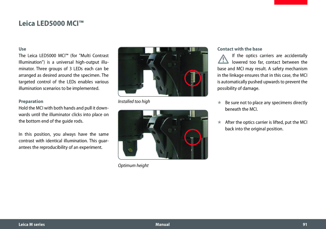 Leica M165 C, M205 A, M205 C manual Use Contact with the base, Beneath the MCI, Bottom end of the guide rods 