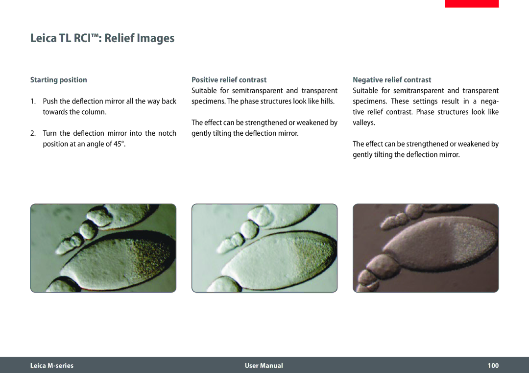 Leica M205 FA user manual Leica TL RCI Relief Images, Starting position, Positive relief contrast, Negative relief contrast 