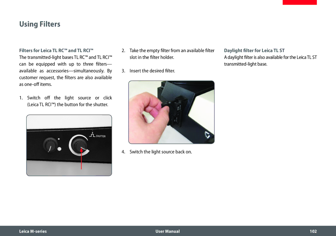 Leica M205 FA user manual Using Filters, Filters for Leica TL RC and TL RCI, Daylight filter for Leica TL ST 