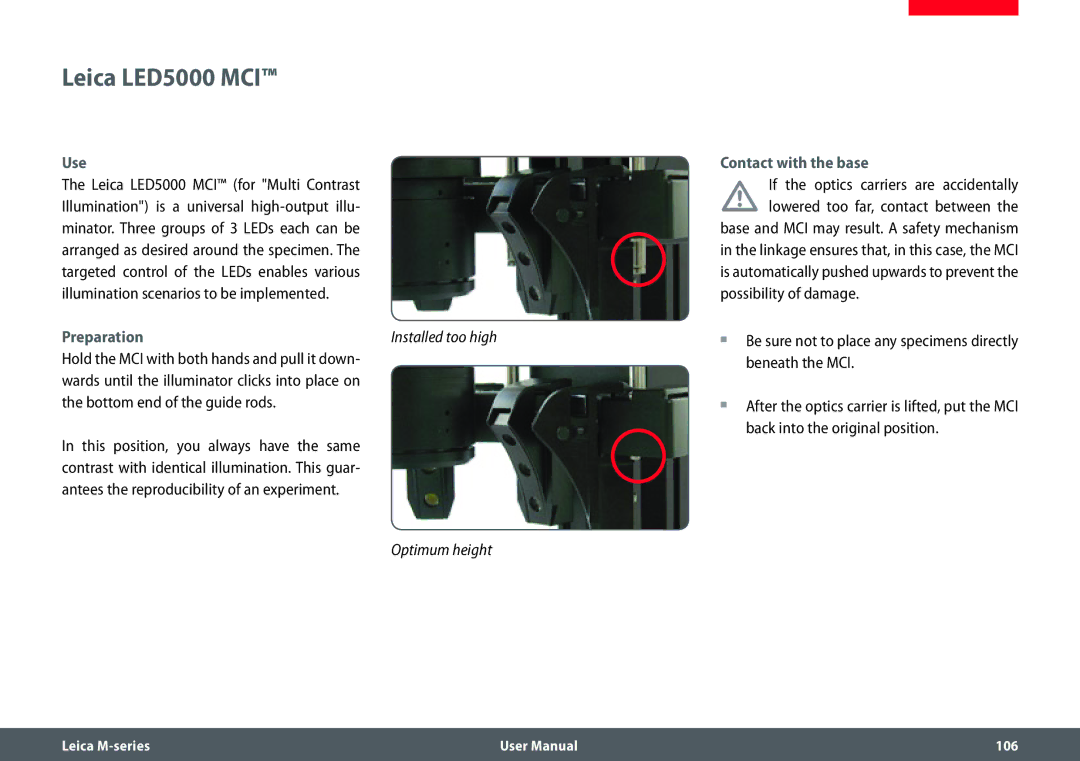 Leica M205 FA user manual Use Contact with the base, If the optics carriers are accidentally, Bottom end of the guide rods 