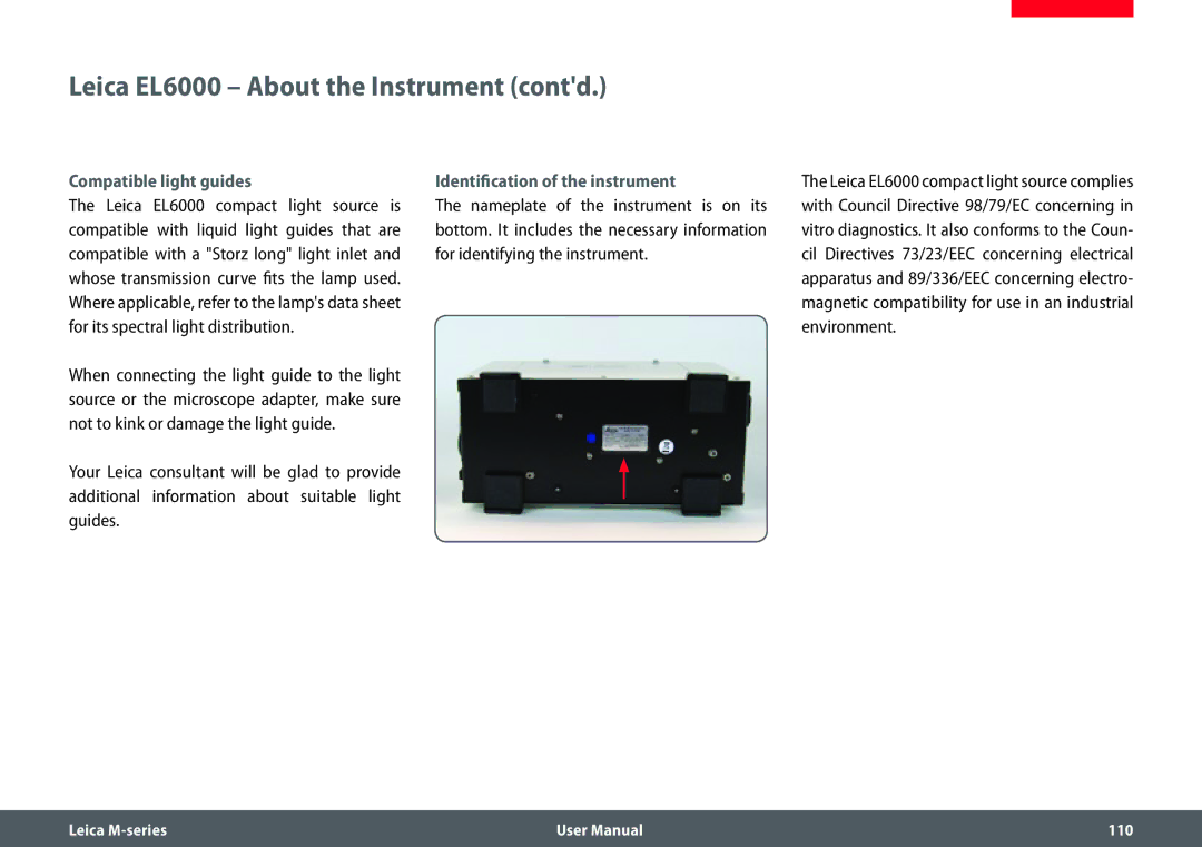 Leica M205 FA Leica EL6000 About the Instrument contd, Compatible light guides, Identification of the instrument 