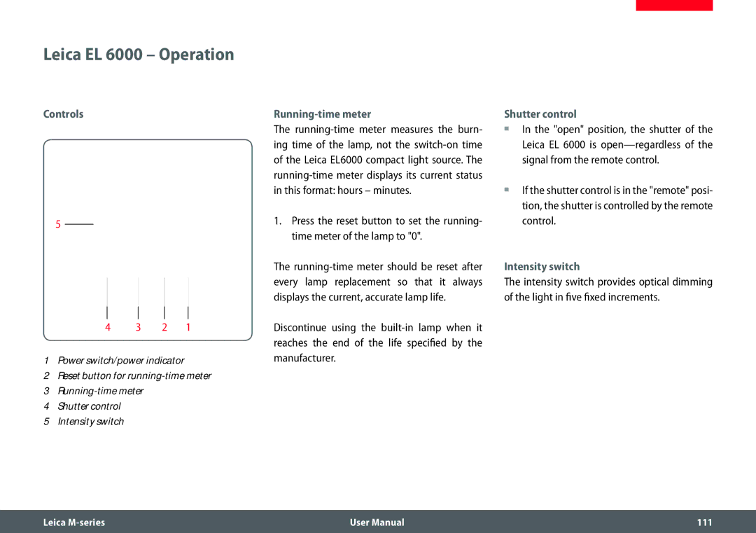 Leica M205 FA user manual Leica EL 6000 Operation, Controls, Running-time meter, Shutter control, Intensity switch 