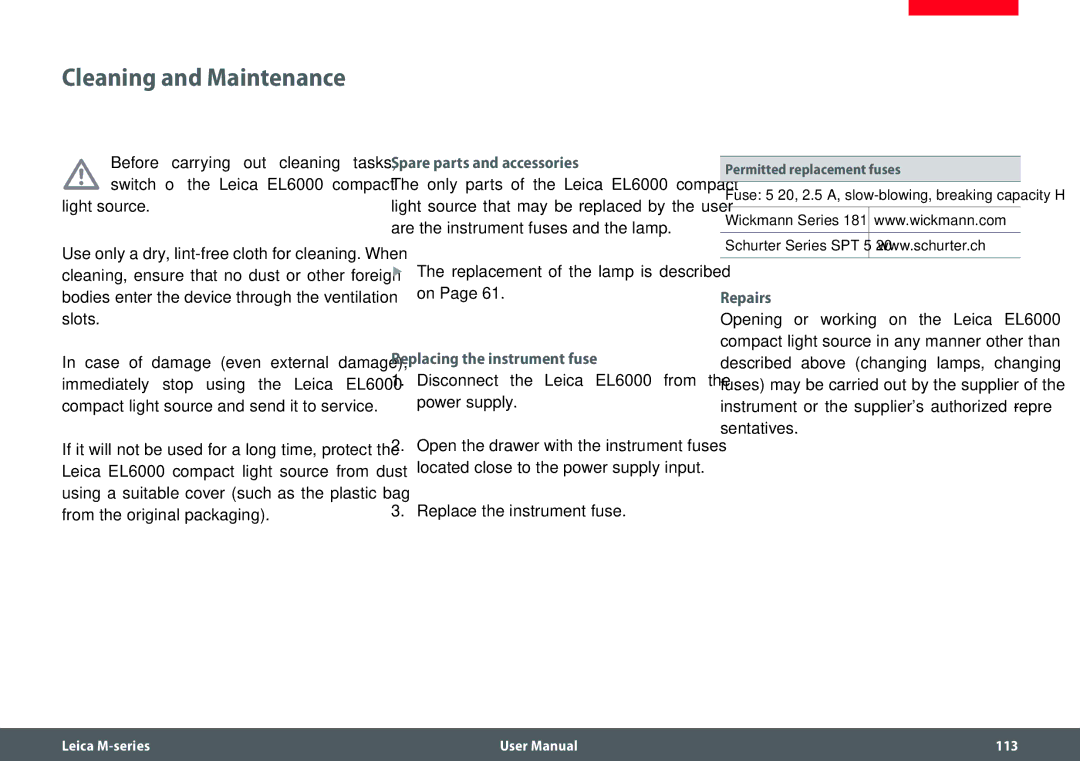 Leica M205 FA user manual Cleaning and Maintenance, Spare parts and accessories, Replacing the instrument fuse, Repairs 