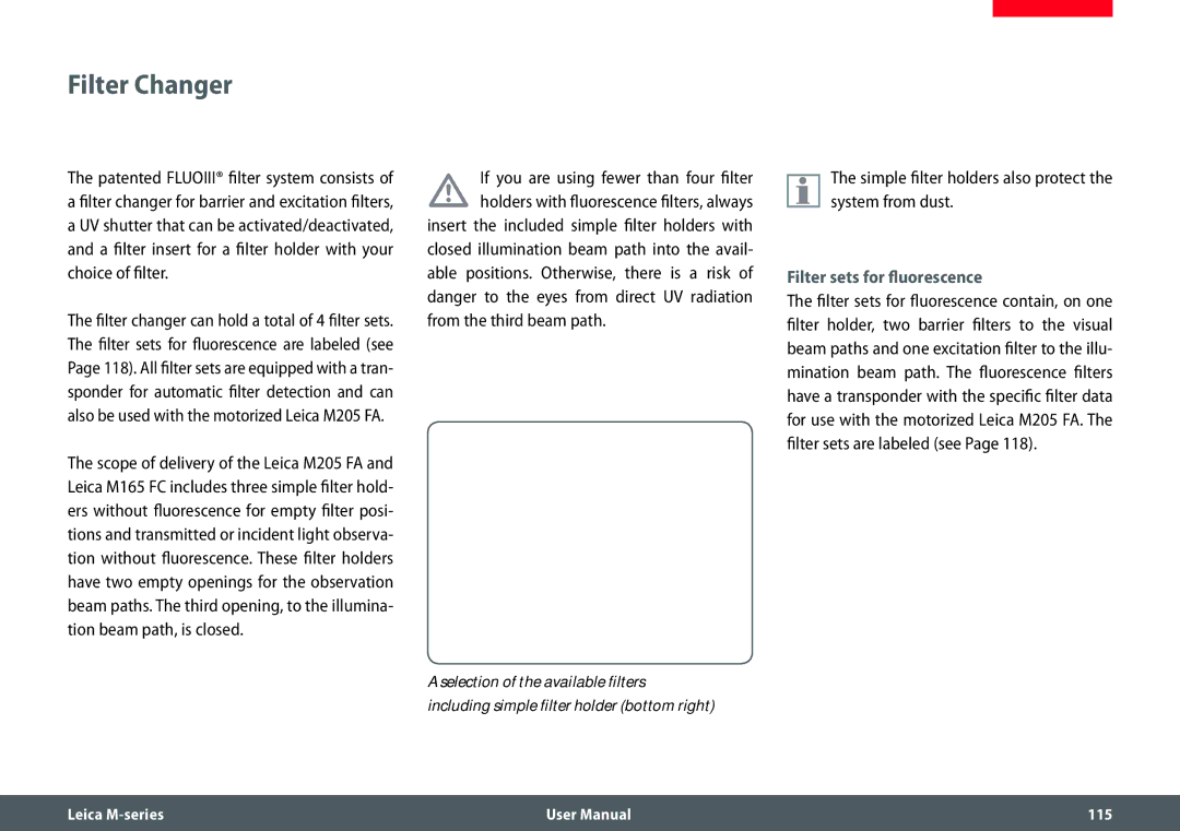 Leica M205 FA Filter Changer, Simple filter holders also protect the system from dust, Filter sets for fluorescence 