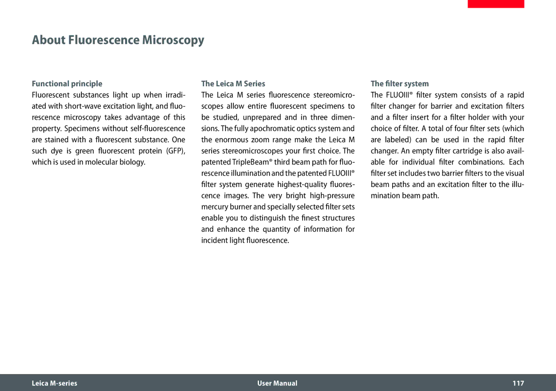 Leica M205 FA user manual About Fluorescence Microscopy, Functional principle, Leica M Series, Filter system 