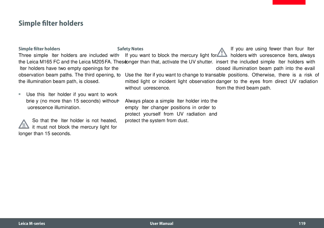 Leica M205 FA user manual Simple filter holders, Longer than 15 seconds, Without fluorescence, Protect the system from dust 