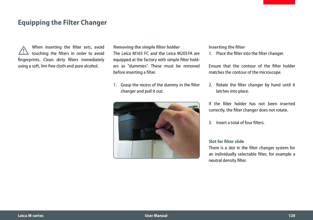 Leica M205 FA Equipping the Filter Changer, Removing the simple filter holder, Inserting the filter, Slot for filter slide 