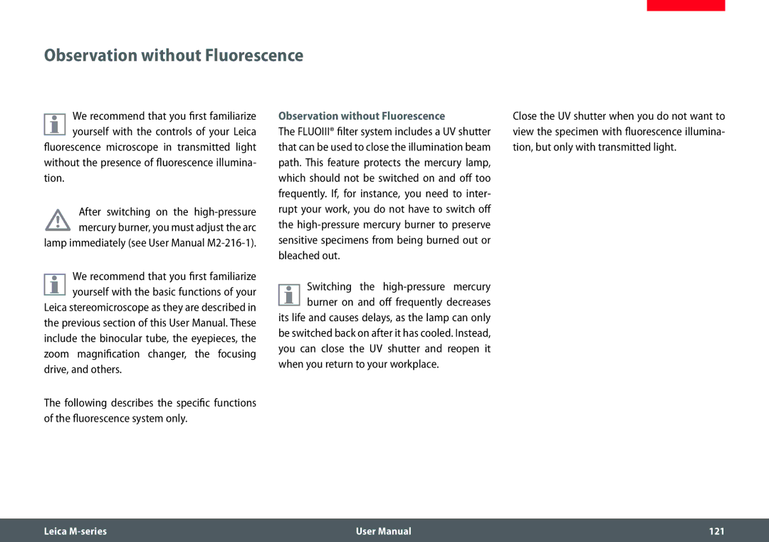 Leica M205 FA user manual Observation without Fluorescence, Tion 