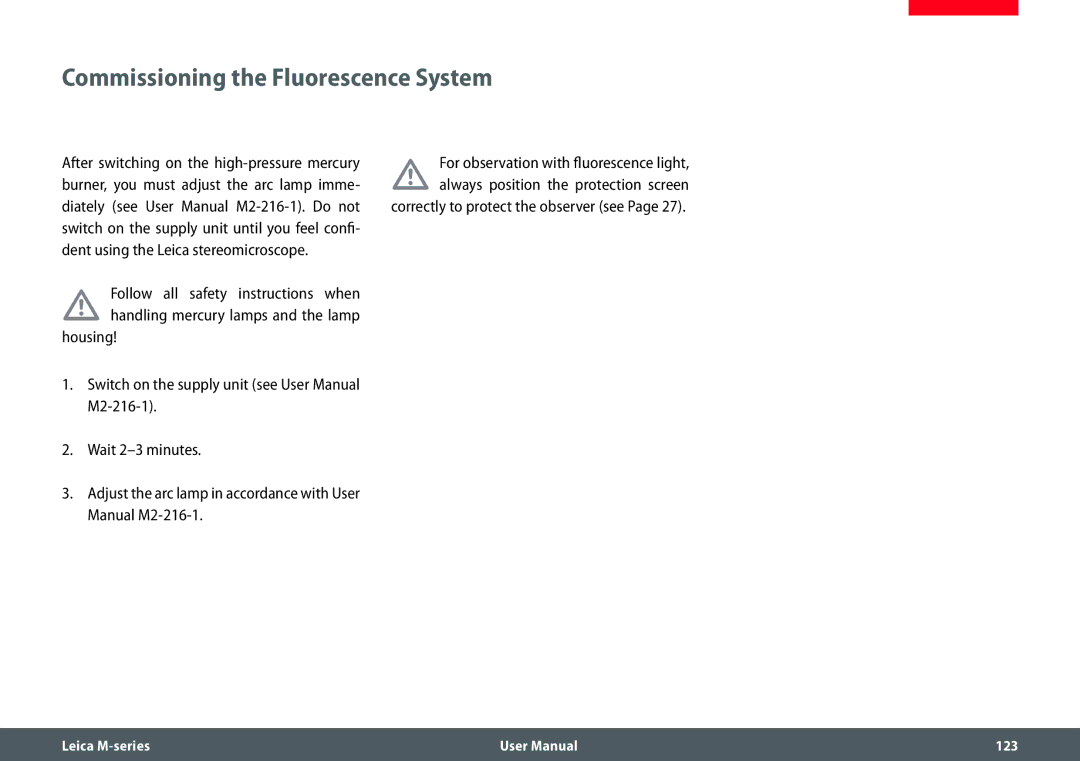 Leica M205 FA user manual Commissioning the Fluorescence System, For observation with fluorescence light, Manual M2-216-1 