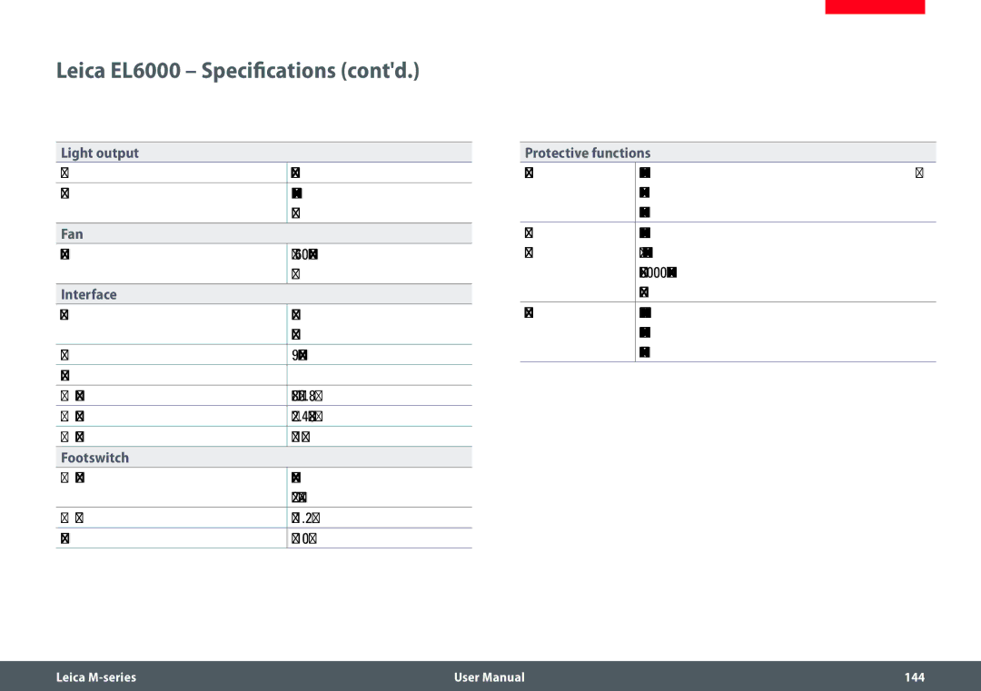 Leica M205 FA user manual Leica EL6000 Specifications contd 