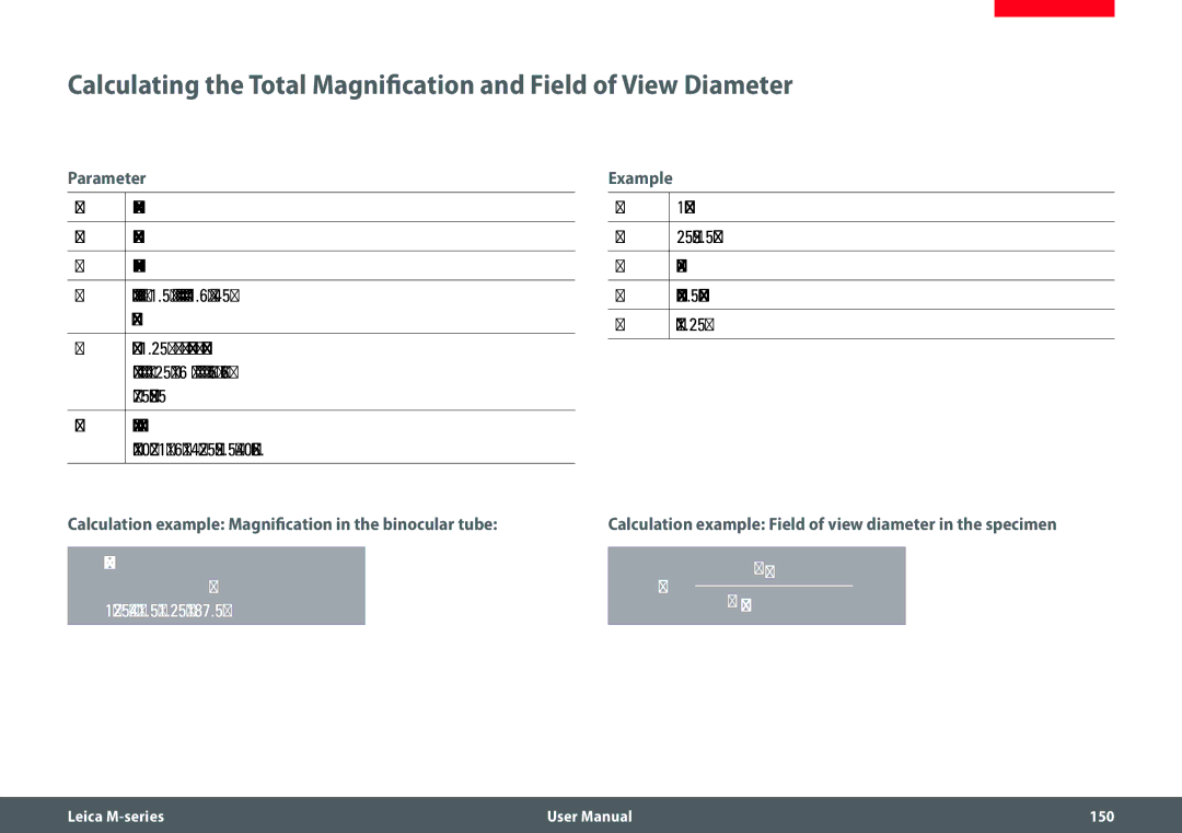 Leica M205 FA user manual Parameter, Example, Calculation example Magnification in the binocular tube 