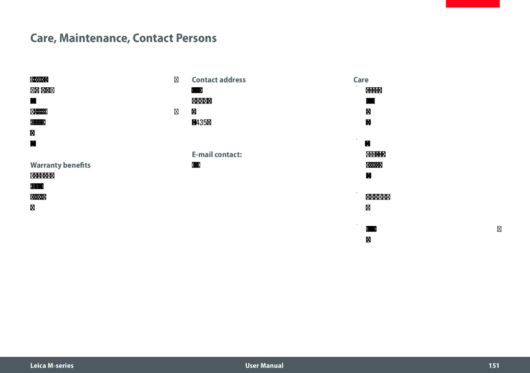 Leica M205 FA user manual Care, Maintenance, Contact Persons, Contact address Care, Mail contact, Warranty benefits 