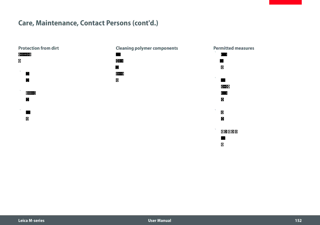 Leica M205 FA user manual Care, Maintenance, Contact Persons contd, Protection from dirt, Cleaning polymer components 